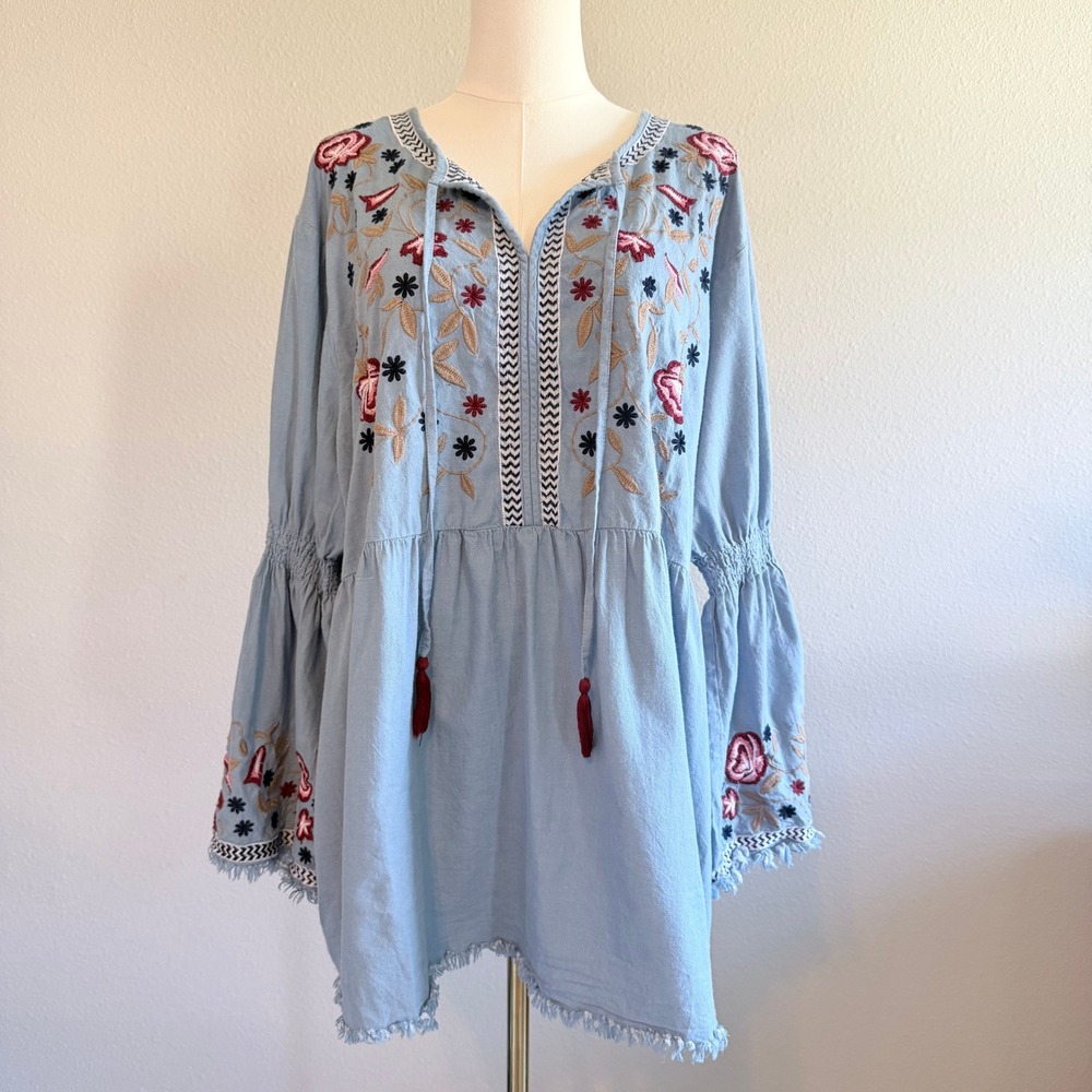 Bohemian Aesthetic Blue Embroidered Cotton Boho Tunic Top Plus Size 2X